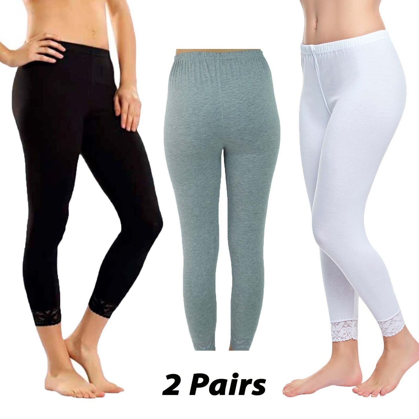 2 Pairs Lace Trimmed Cotton Leggings