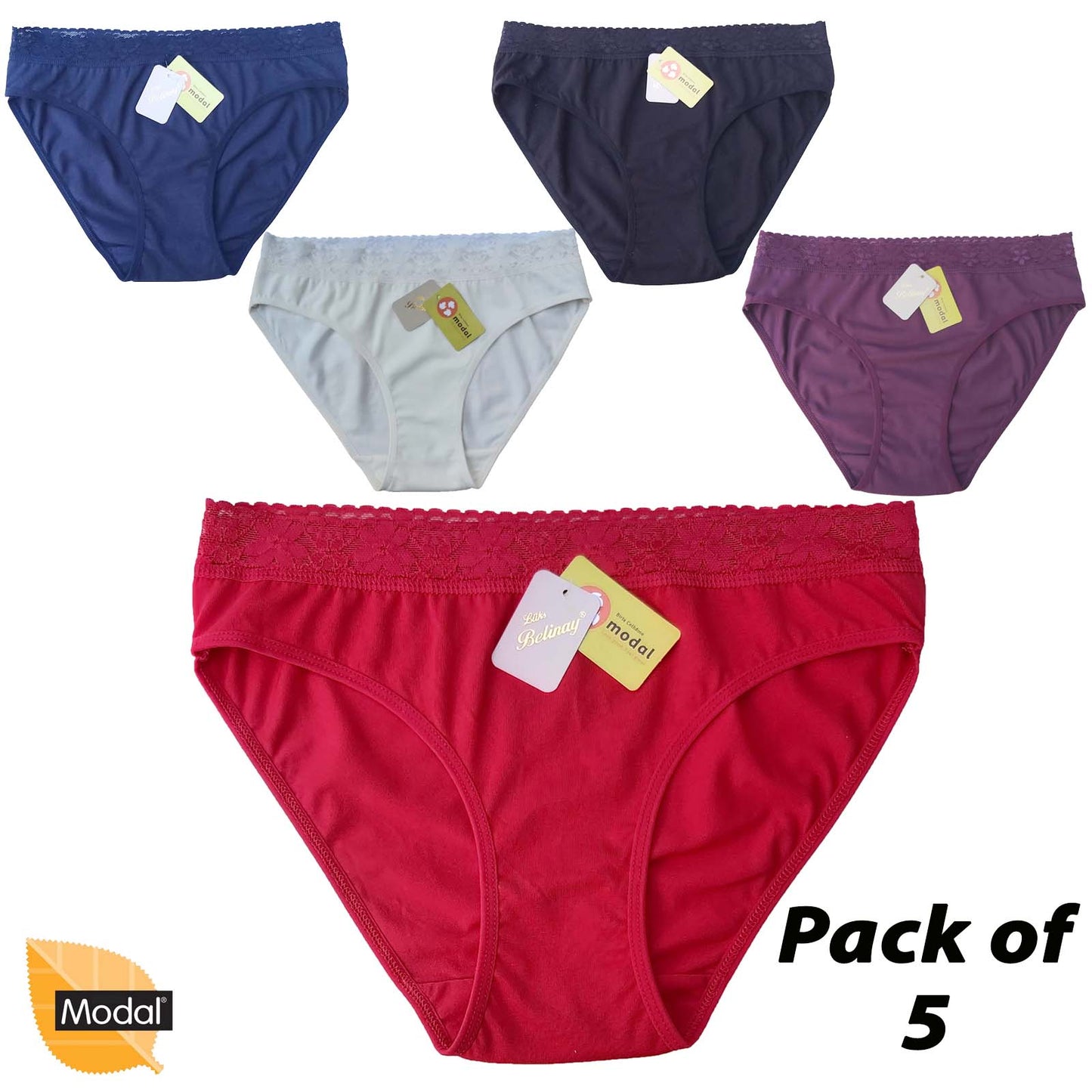 5 Pack Modal Briefs with Lace Waistband