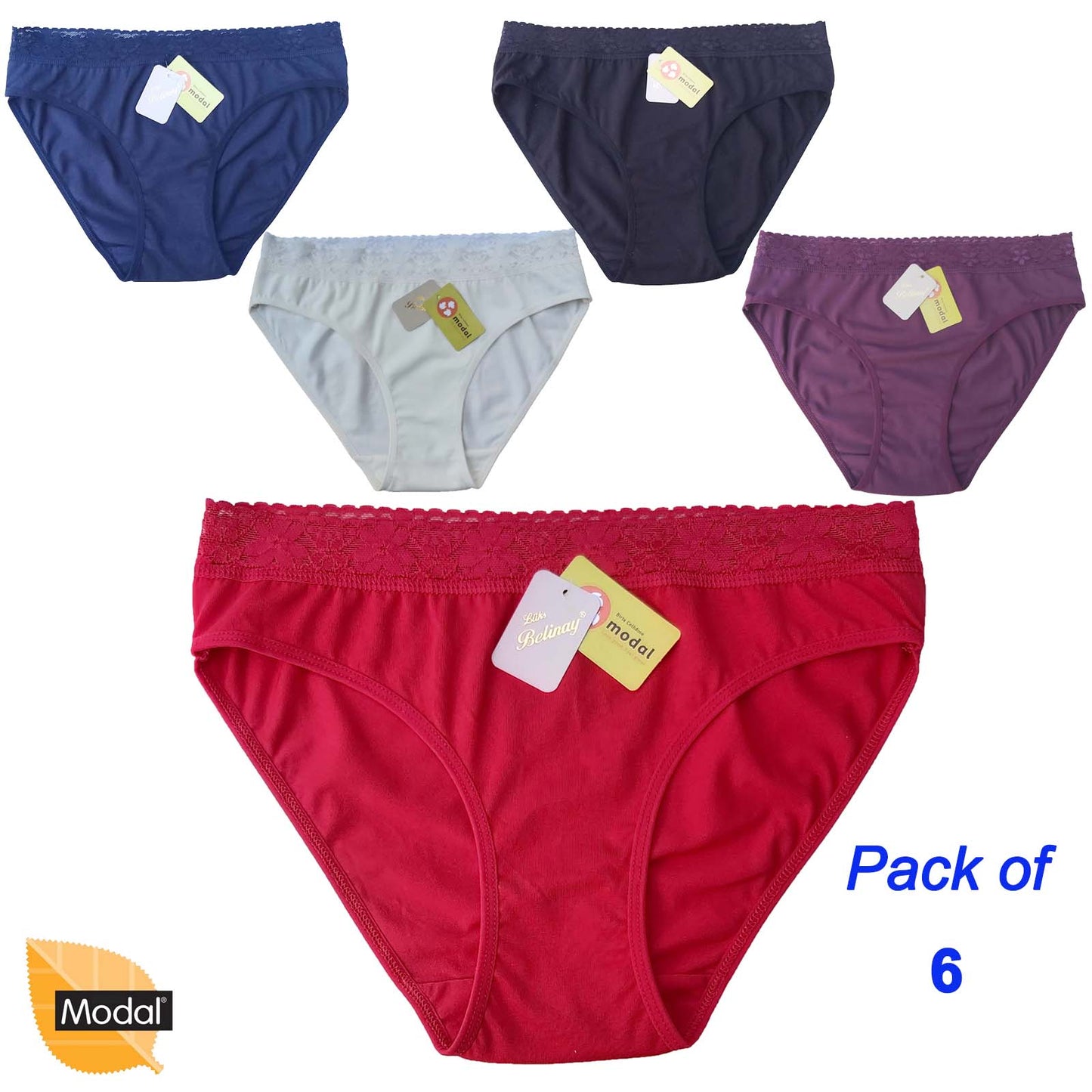 6 Pack Modal Briefs with Lace Waistband